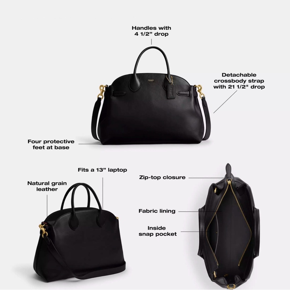 Coach Soft Empire Carryall Bag 40 Black Leather Satchel with Gold Accents - Picture 5 of 8